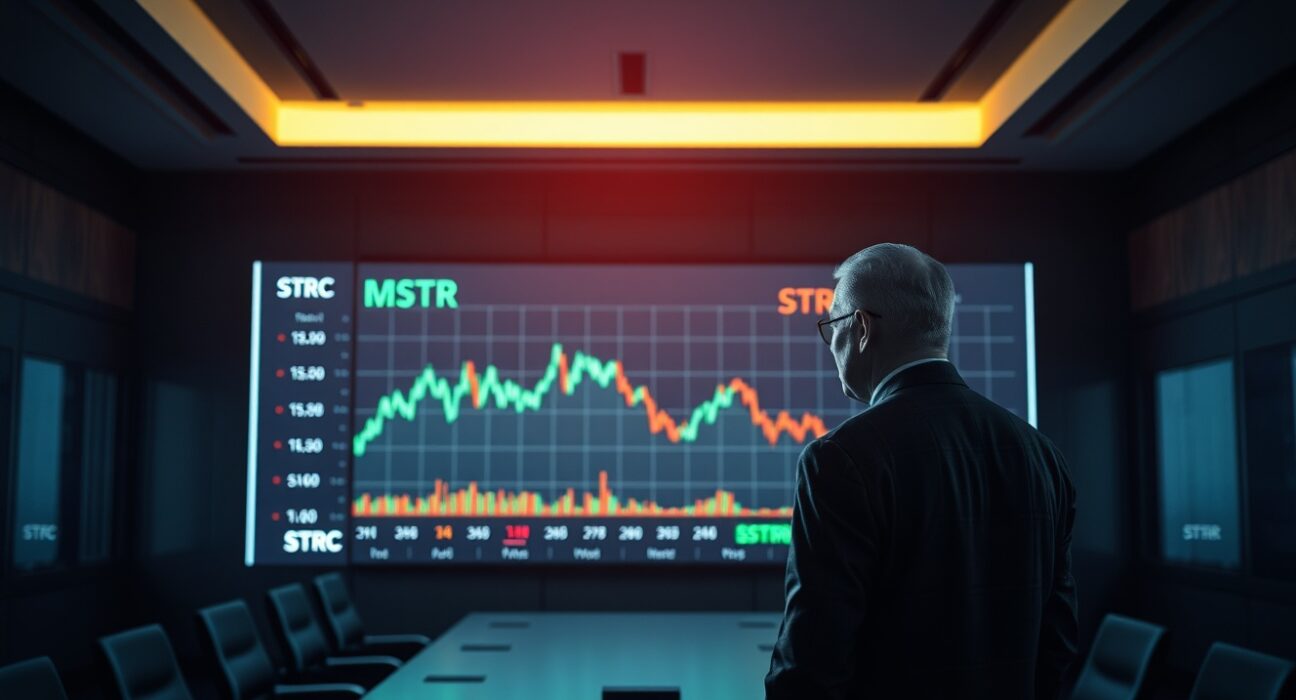 Corporate boardroom with Bitcoin price chart and MSTR stock ticker on screen, executive observing