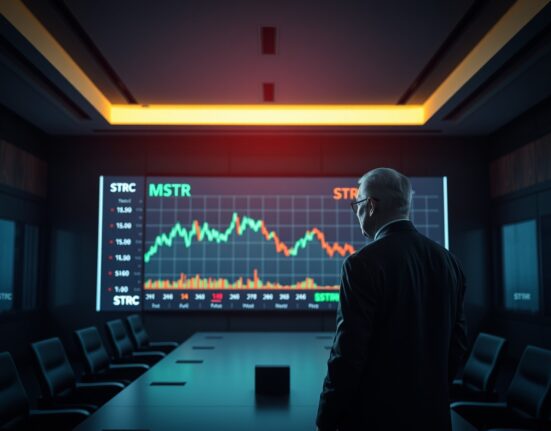 Corporate boardroom with Bitcoin price chart and MSTR stock ticker on screen, executive observing