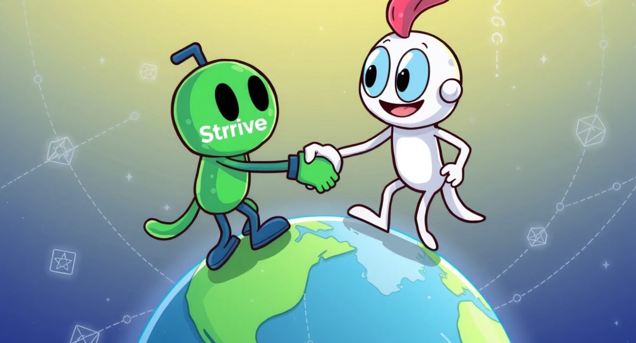 Cartoon illustration of a strategic Web3 media platform acquisition, symbolizing growth and innovation in decentralized digital content.