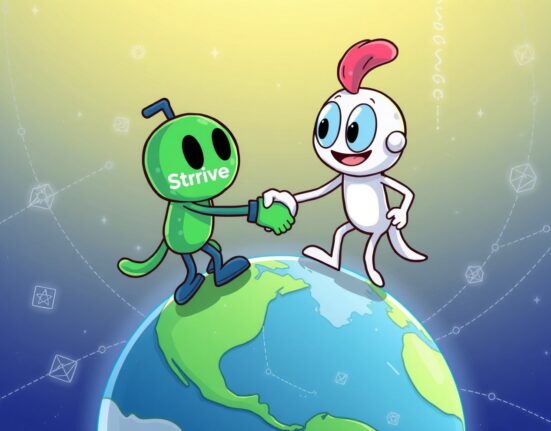 Cartoon illustration of a strategic Web3 media platform acquisition, symbolizing growth and innovation in decentralized digital content.