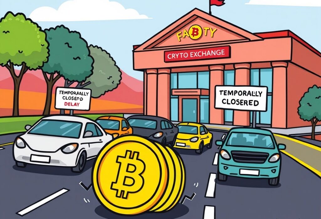 A cartoon illustration showing a digital currency symbol facing a temporary halt, symbolizing Upbit's STRK withdrawals suspension.