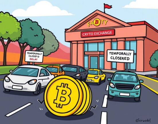 A cartoon illustration showing a digital currency symbol facing a temporary halt, symbolizing Upbit's STRK withdrawals suspension.