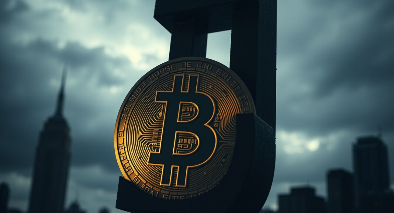 Bitcoin coin overshadowed by a large U.S. dollar sign representing macroeconomic headwinds