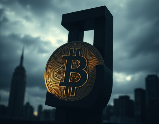 Bitcoin coin overshadowed by a large U.S. dollar sign representing macroeconomic headwinds