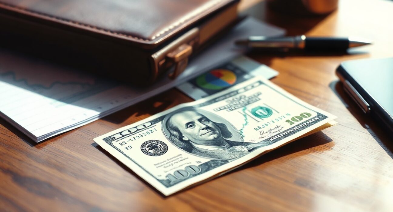 US dollar banknote and economic report on a desk, representing strong labor data analysis