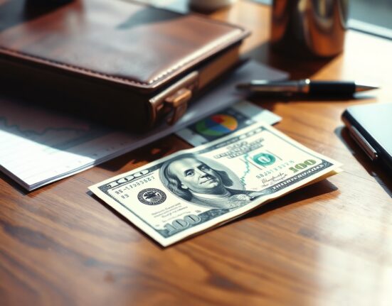 US dollar banknote and economic report on a desk, representing strong labor data analysis