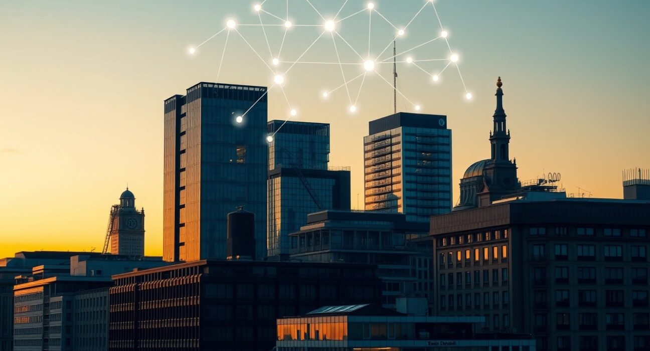 European financial district skyline with digital blockchain network overlay at dusk