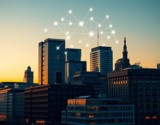 European financial district skyline with digital blockchain network overlay at dusk