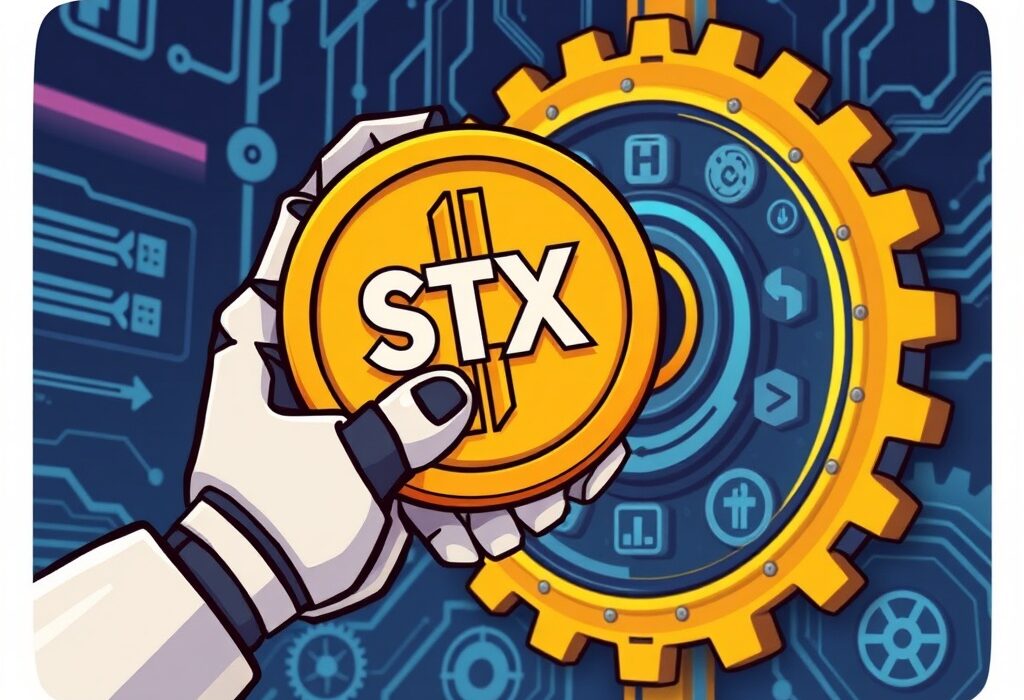 Cartoon illustration of an STX token being paused for a crucial network upgrade, signifying temporary suspension for future improvements.