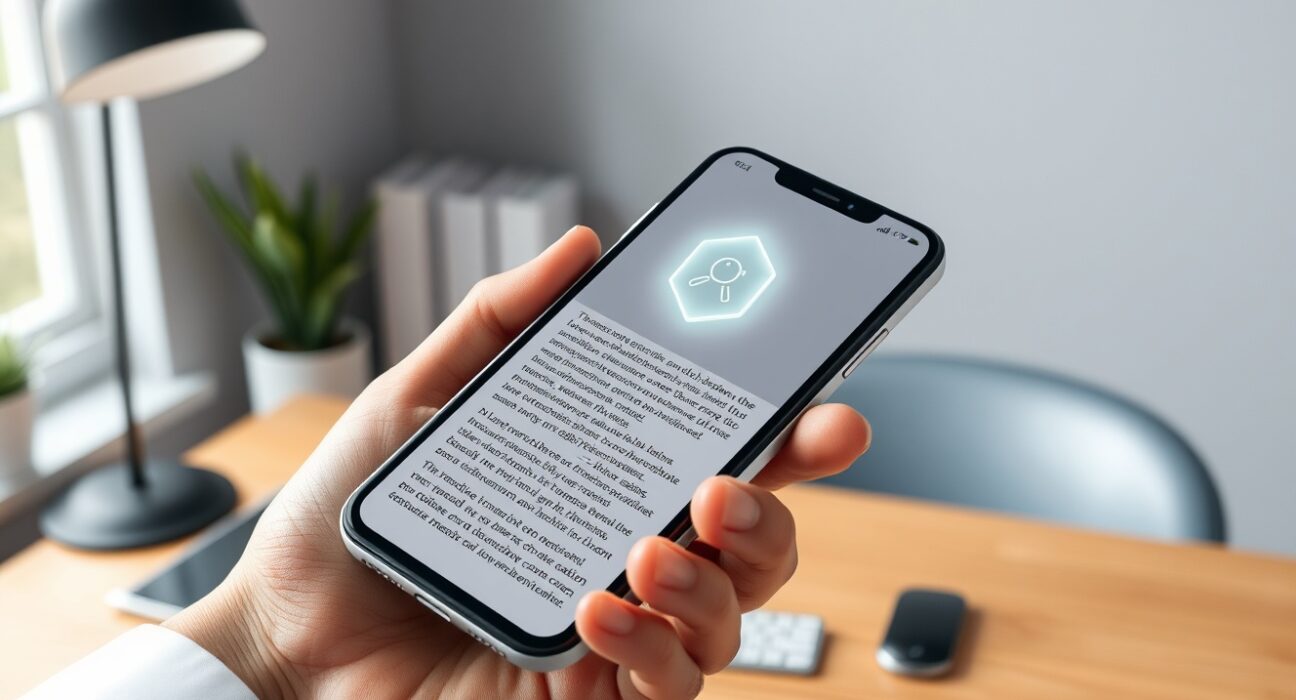 Smartphone displaying Substack app with AI detection icon over newsletter text