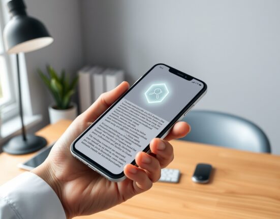 Smartphone displaying Substack app with AI detection icon over newsletter text
