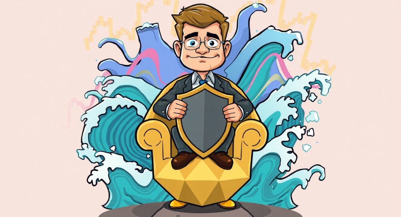 A determined cartoon investor remains calm during intense crypto volatility, symbolizing long-term holding strategy.