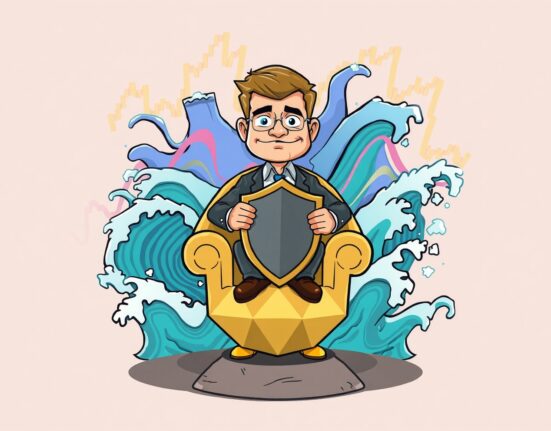 A determined cartoon investor remains calm during intense crypto volatility, symbolizing long-term holding strategy.