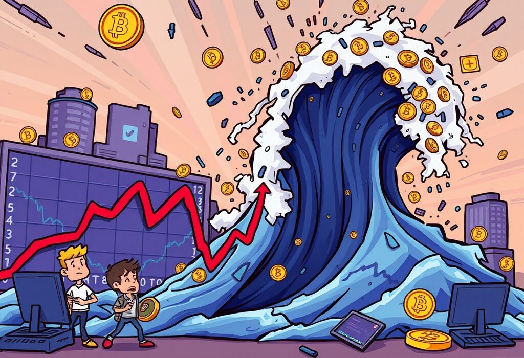 A cartoon depiction of a sudden crypto futures liquidation event, showing market chaos and traders' losses.
