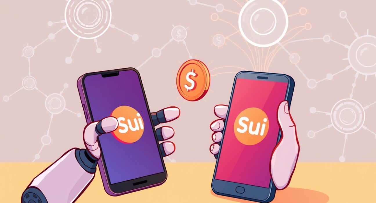 A cartoon robot facilitates a secure digital transaction via the Sui AI payment protocol, showcasing the future of AI-powered payments.
