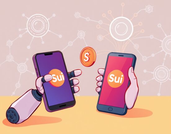 A cartoon robot facilitates a secure digital transaction via the Sui AI payment protocol, showcasing the future of AI-powered payments.