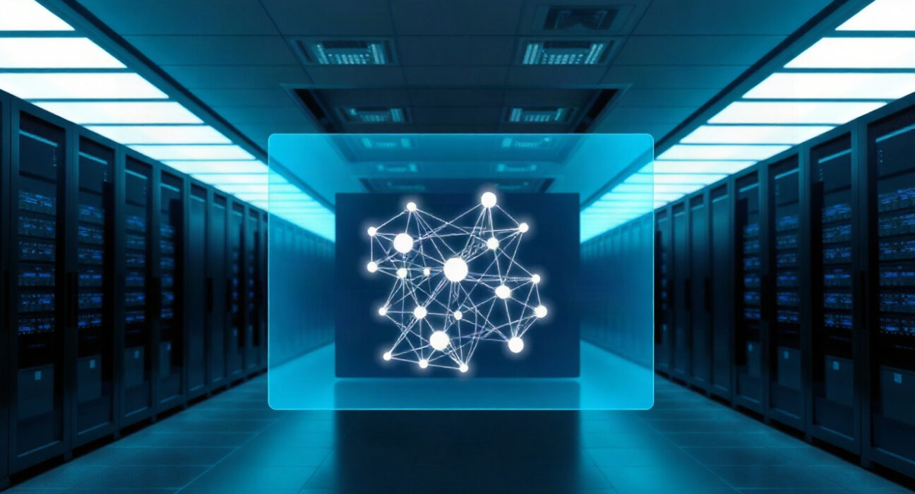 Sui blockchain atomic transaction technology for AI agents visualized in a data center