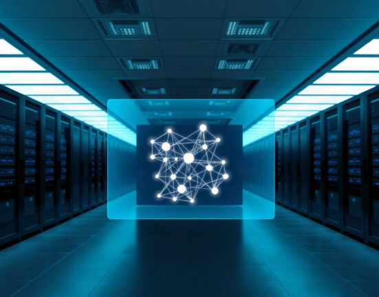 Sui blockchain atomic transaction technology for AI agents visualized in a data center