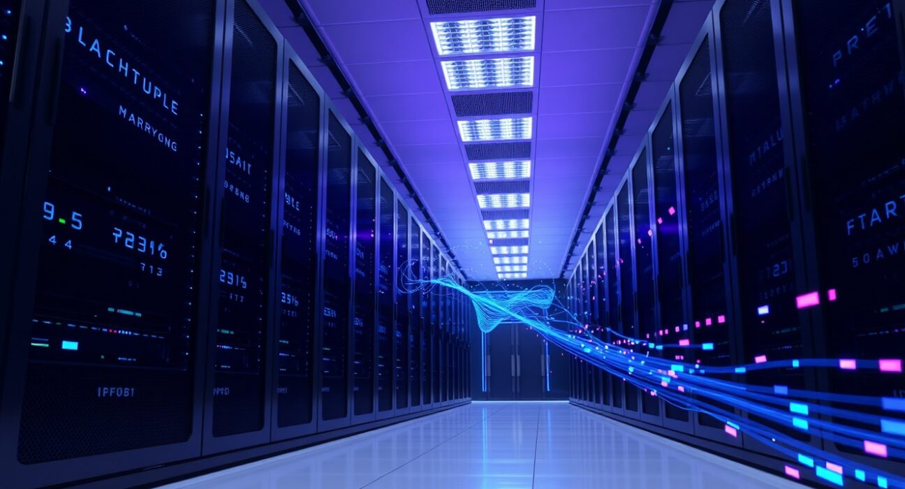 Modern data center with blue and purple lighting representing Sui blockchain network transactions