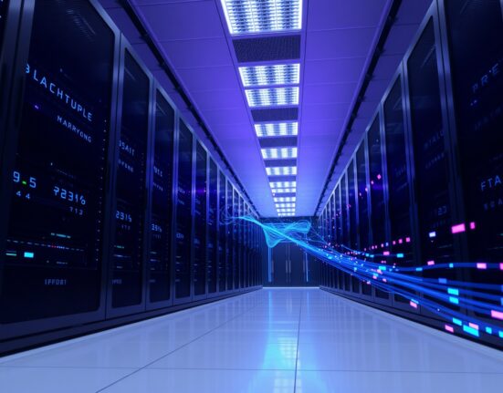 Modern data center with blue and purple lighting representing Sui blockchain network transactions