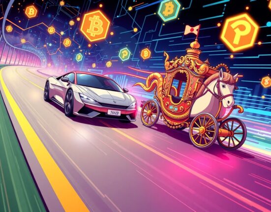 Sui blockchain represented as a fast car overtaking Ethereum's carriage on digital highway