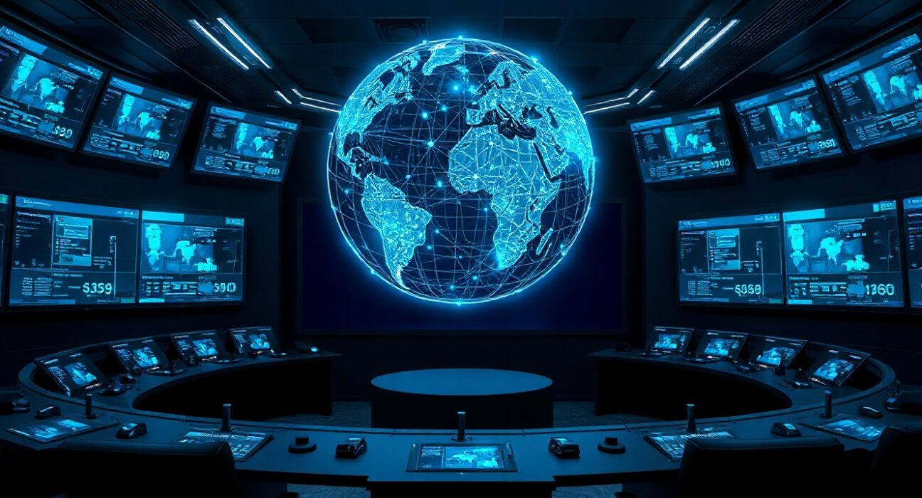 Conceptual illustration of a global digital financial network with a holographic globe in a modern control room.
