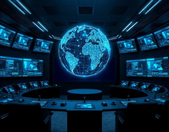 Conceptual illustration of a global digital financial network with a holographic globe in a modern control room.