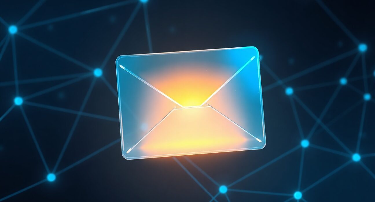 Digital envelope glowing with light over a dark blockchain network background, representing private transactions