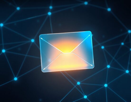 Digital envelope glowing with light over a dark blockchain network background, representing private transactions