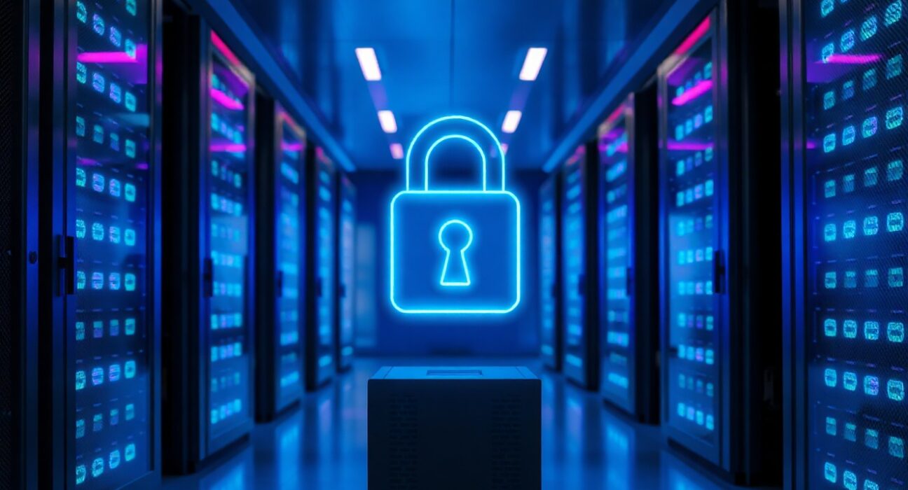 Digital padlock over server racks representing Sui confidential transfers and blockchain security
