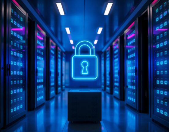 Digital padlock over server racks representing Sui confidential transfers and blockchain security