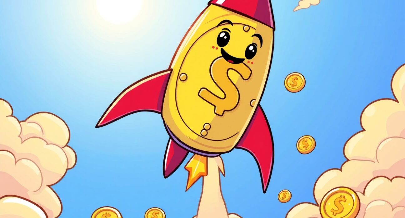 A cartoon rocket coin representing the SUI cryptocurrency surging upward in a vibrant market recovery.