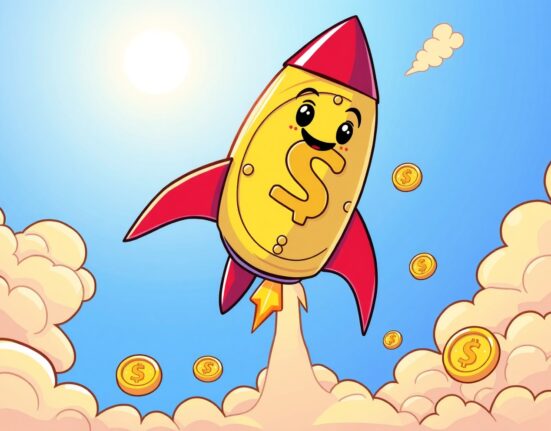 A cartoon rocket coin representing the SUI cryptocurrency surging upward in a vibrant market recovery.