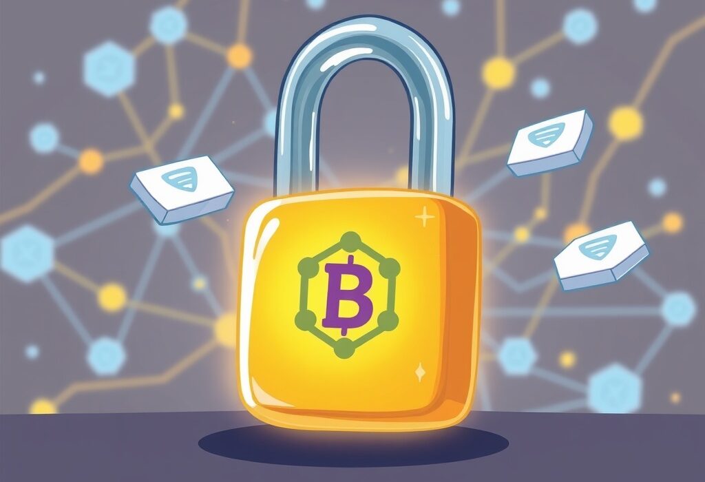 A cartoon image illustrating enhanced Sui data privacy through secure, decentralized encryption and access control on a blockchain network.