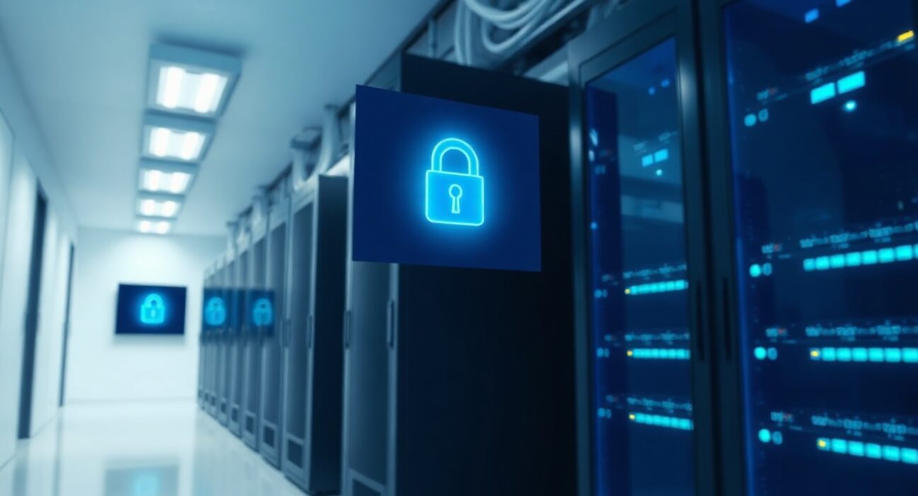 A holographic digital key icon floating above a server rack in a modern data center, representing Sui's decentralized Seal key server.