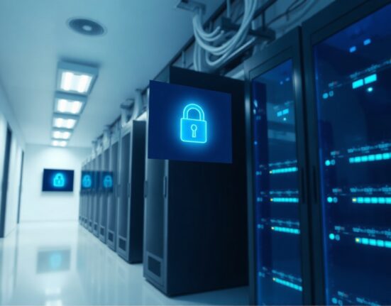 A holographic digital key icon floating above a server rack in a modern data center, representing Sui's decentralized Seal key server.