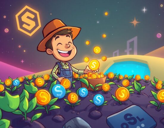 A cartoon farmer happily harvesting crypto rewards, symbolizing the high returns from the Sui DEX Momentum HODL Yield campaign.
