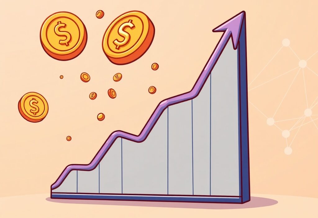 A cartoon illustration showing the explosive growth of Sui DEX trading volume with an upward-trending chart and crypto assets.