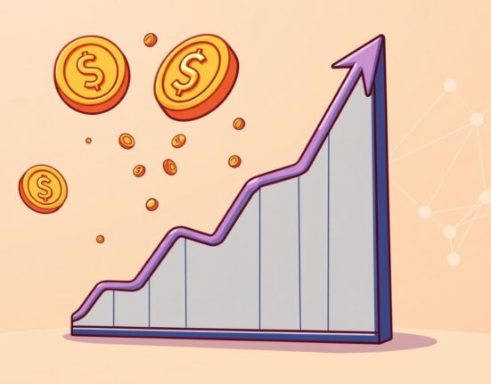 A cartoon illustration showing the explosive growth of Sui DEX trading volume with an upward-trending chart and crypto assets.
