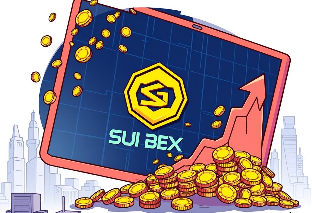 A vibrant cartoon depicting a massive surge in SUI DEX volume, with digital assets flowing rapidly, symbolizing unprecedented trading activity.