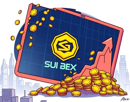 A vibrant cartoon depicting a massive surge in SUI DEX volume, with digital assets flowing rapidly, symbolizing unprecedented trading activity.