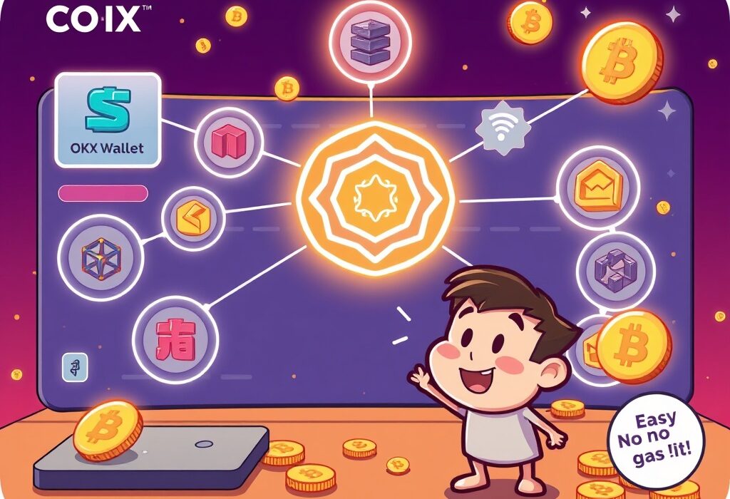 Cartoon illustration of Sui Eco Hub integrating with OKX Wallet, symbolizing easy access to Sui Network protocols and gas fee waiver benefits.