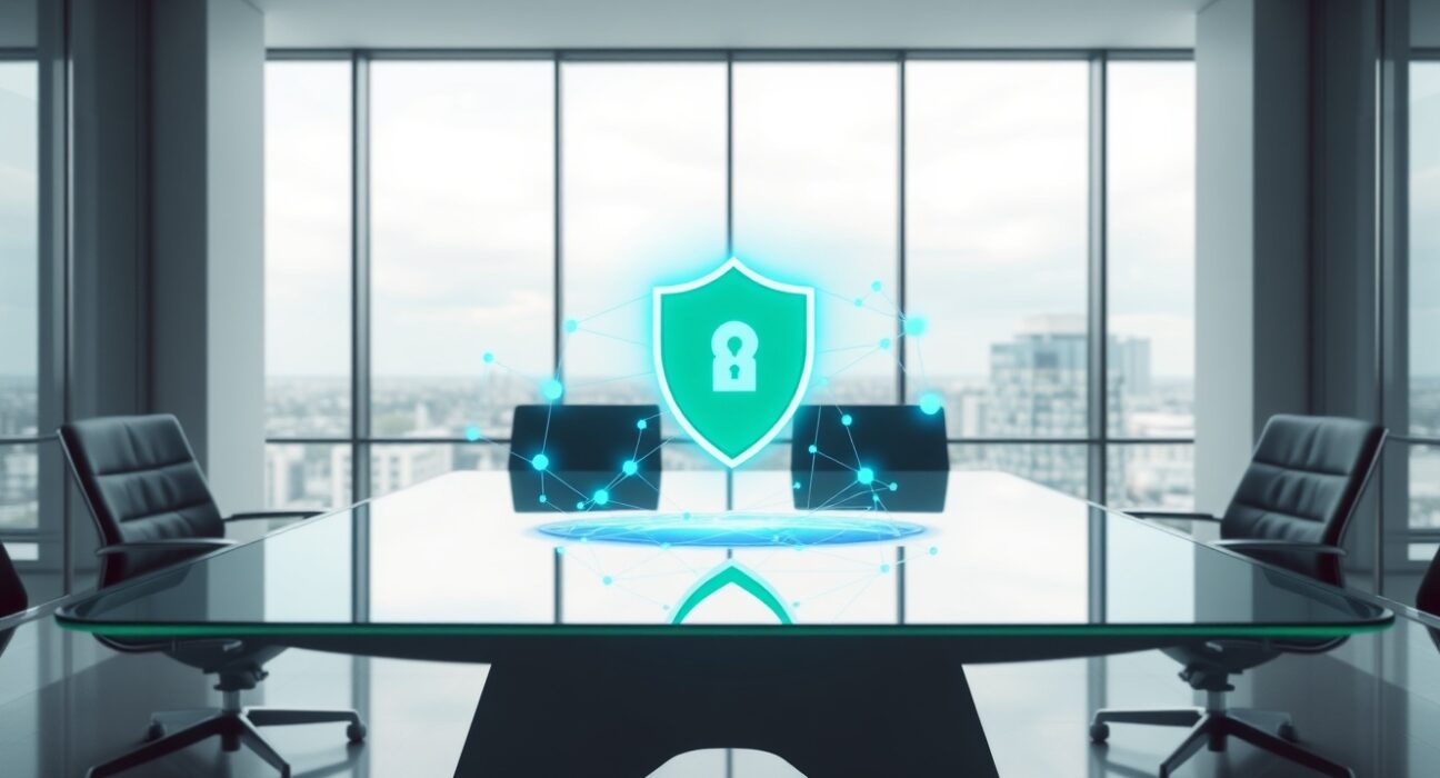 Holographic blockchain network with shield icon in modern boardroom representing AI compliance partnership