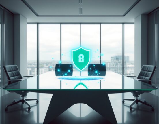 Holographic blockchain network with shield icon in modern boardroom representing AI compliance partnership