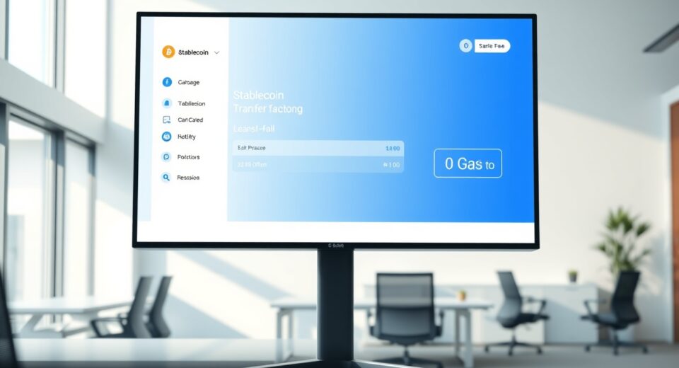 Sui blockchain interface showing a gasless stablecoin transfer with zero fee indicator