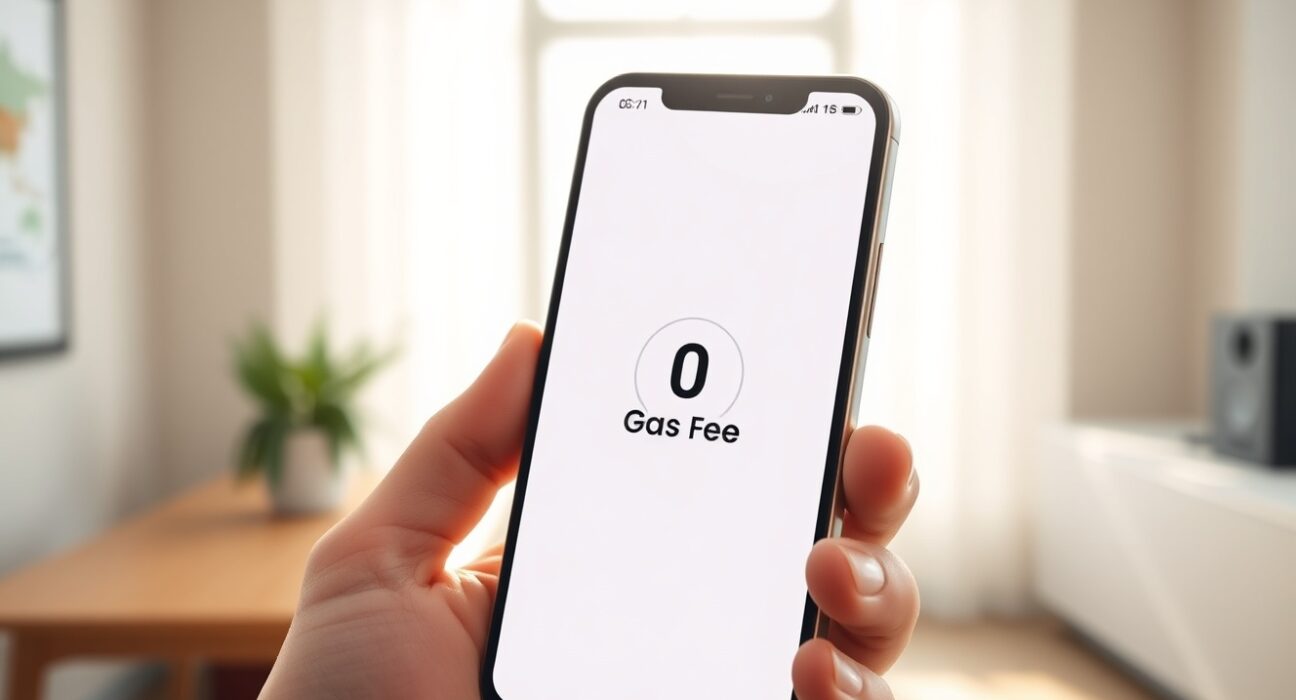 Smartphone showing a digital wallet with a successful stablecoin transfer and zero gas fee indicator.
