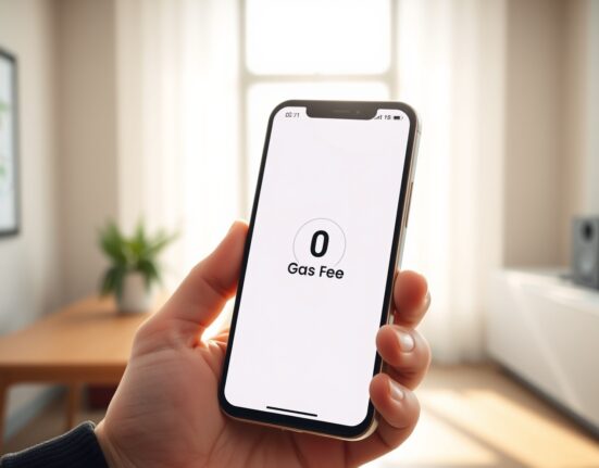 Smartphone showing a digital wallet with a successful stablecoin transfer and zero gas fee indicator.