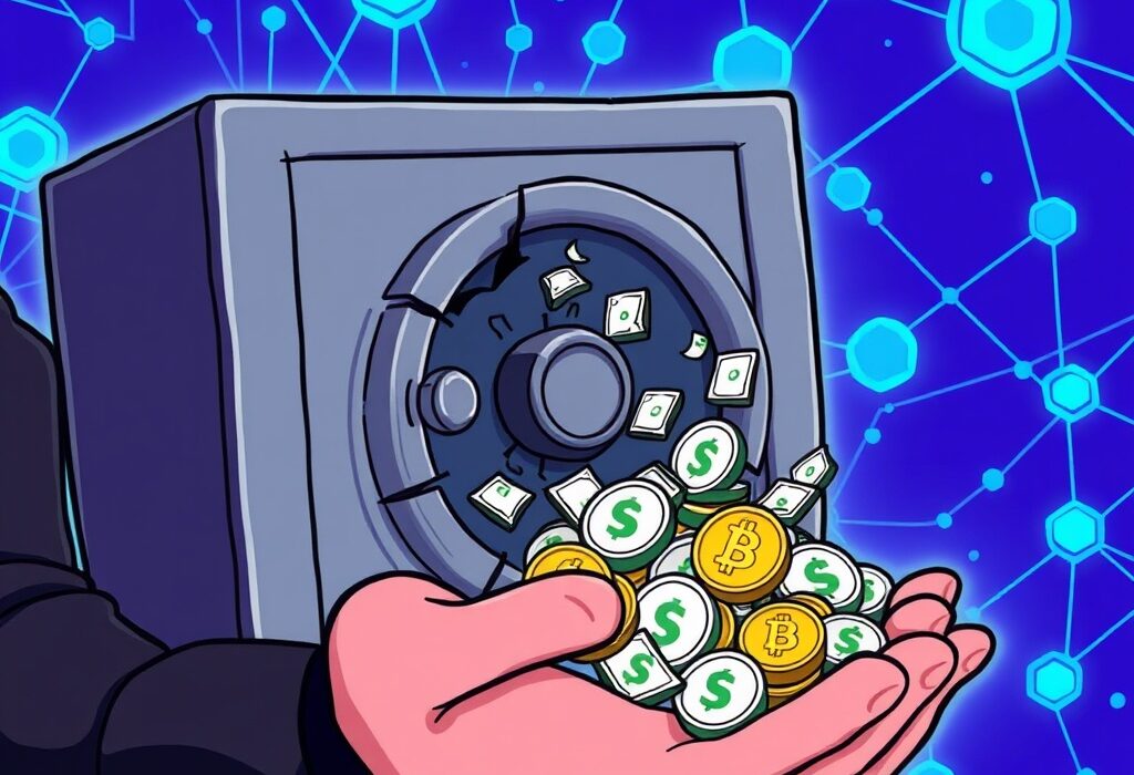 Illustration of a digital vault leaking funds, symbolizing the devastating $2.4M Sui hack at Nemo Protocol.