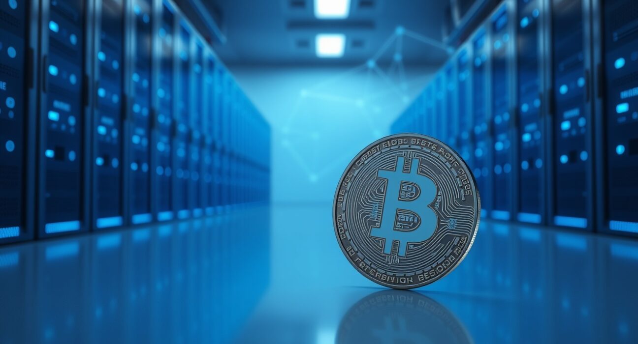 Bitcoin coin in foreground with glowing server racks representing Sui blockchain infrastructure for Hashi testnet lending