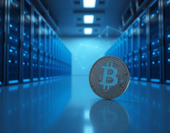 Bitcoin coin in foreground with glowing server racks representing Sui blockchain infrastructure for Hashi testnet lending